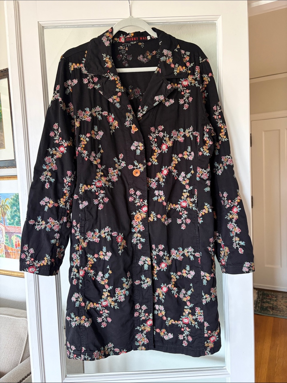 Johnny Was Black Floral Embroidered Button-Front Duster Coat Size Large